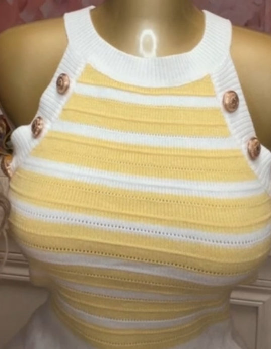 Vibrant Yellow and White Stripe High Neck Sleeveless Halter