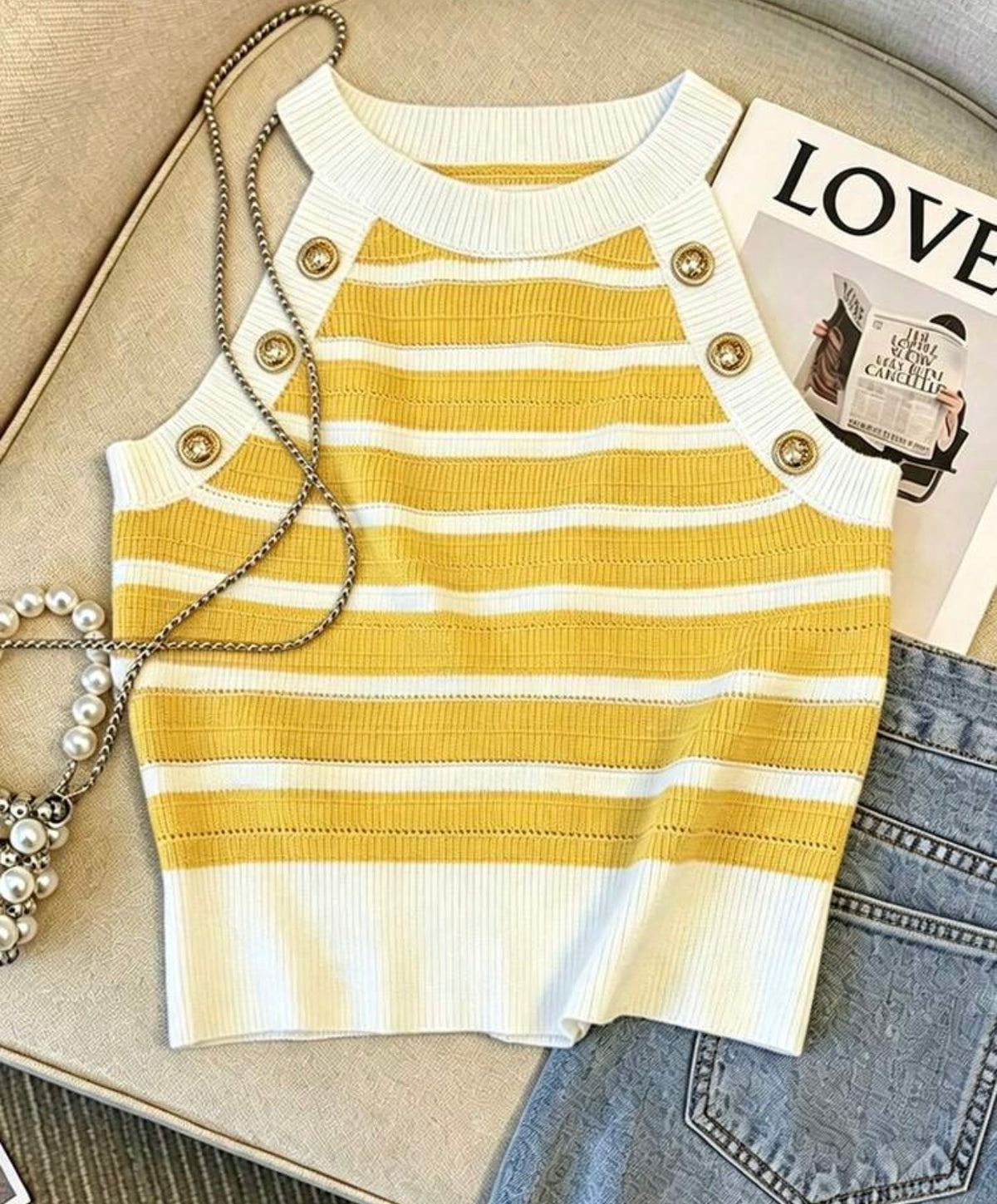 Vibrant Yellow and White Stripe High Neck Sleeveless Halter