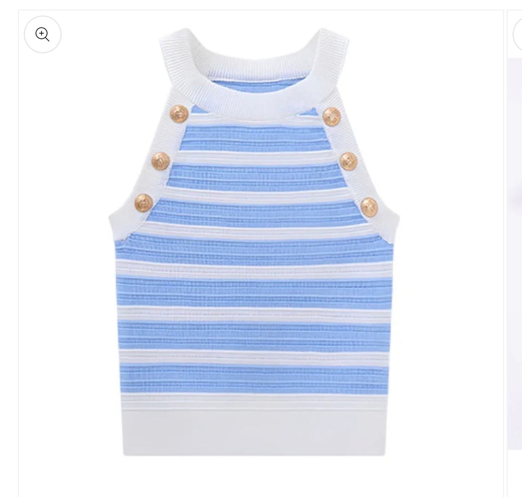 Vibrant Dusty Blue and White Stripe High Neck Sleeveless Halter