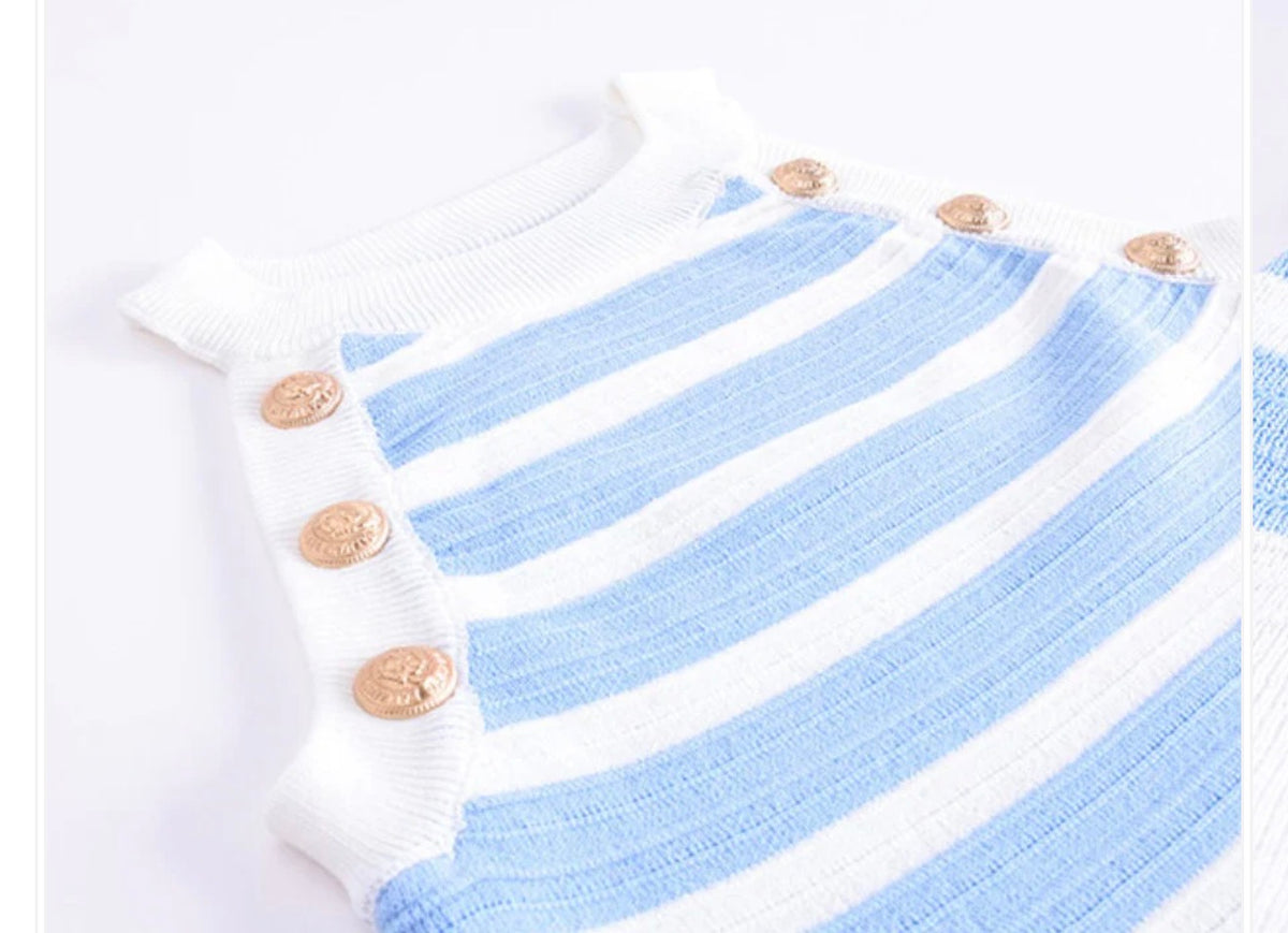 Vibrant Dusty Blue and White Stripe High Neck Sleeveless Halter