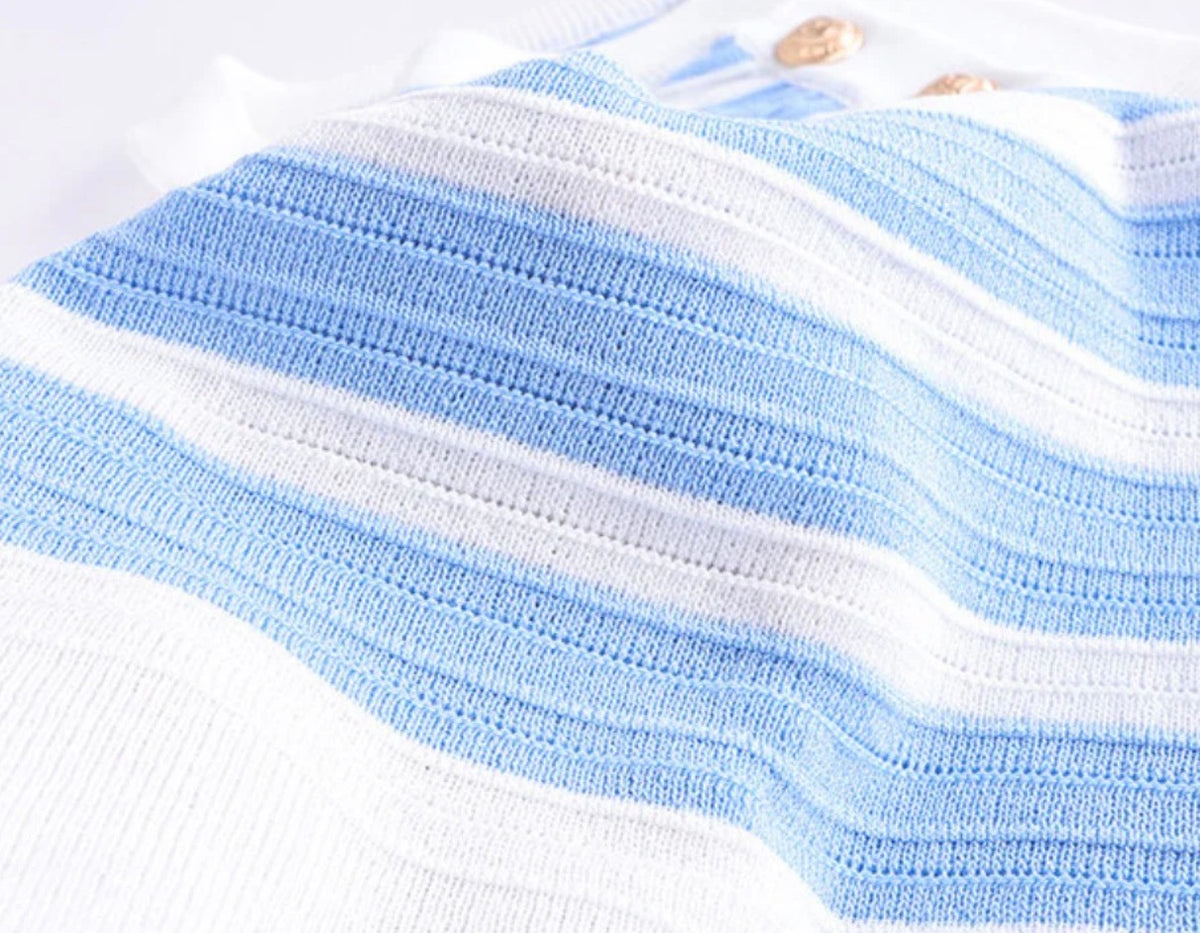 Vibrant Dusty Blue and White Stripe High Neck Sleeveless Halter