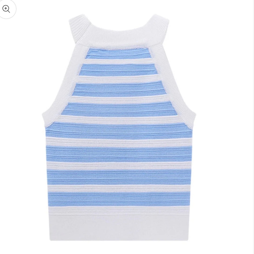 Vibrant Dusty Blue and White Stripe High Neck Sleeveless Halter