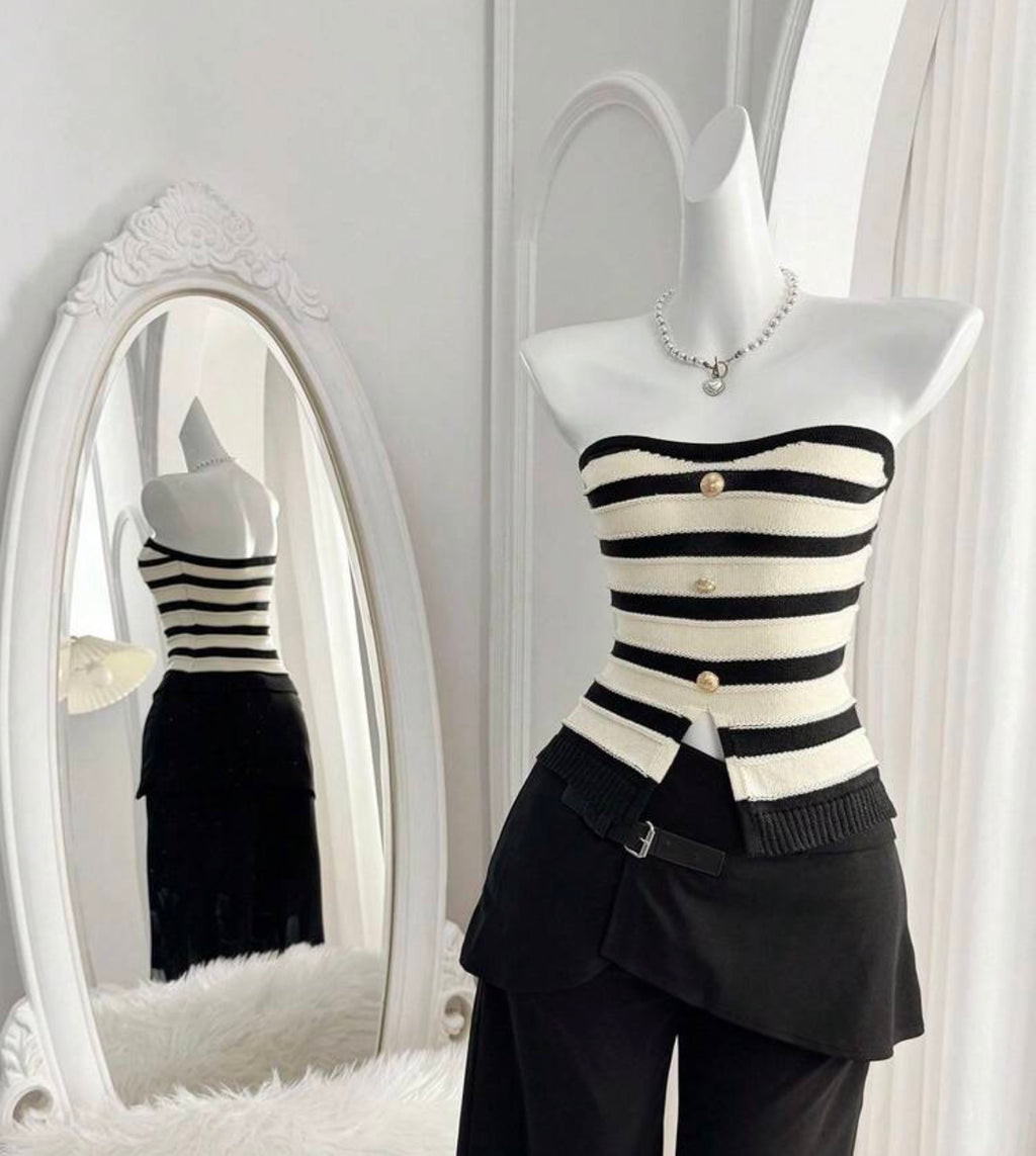Black and Ivory Stripe Tube Top