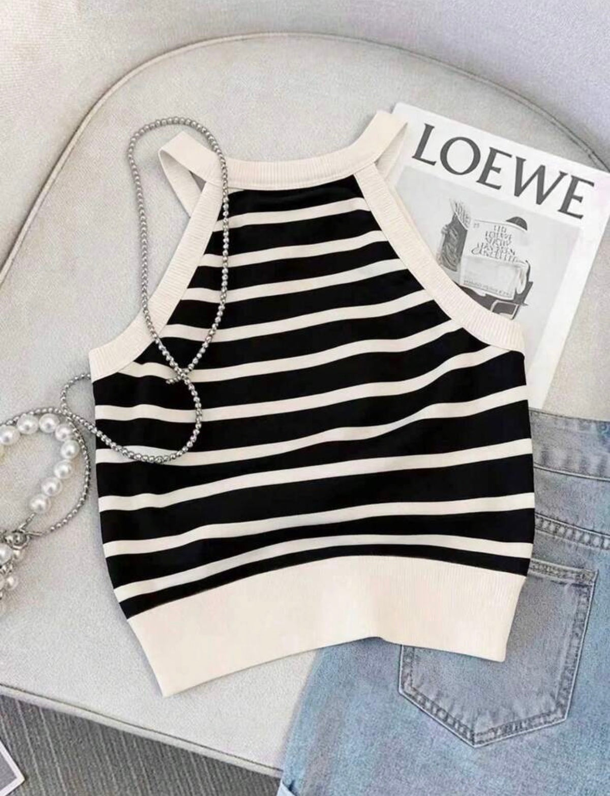 Black and Ivory Stripe High Neck Halter