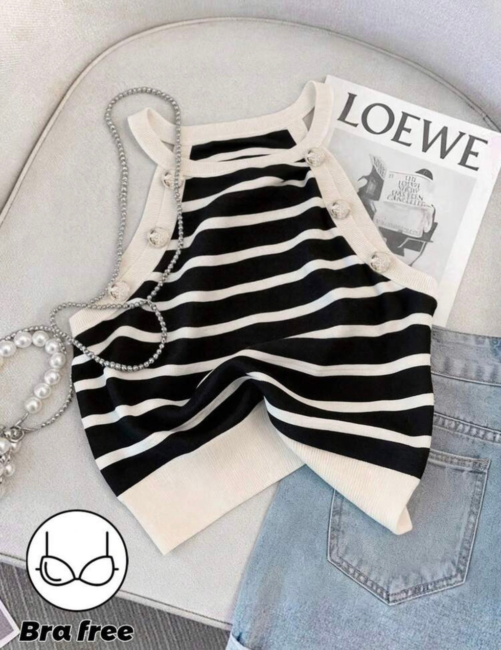 Black and Ivory Stripe High Neck Halter