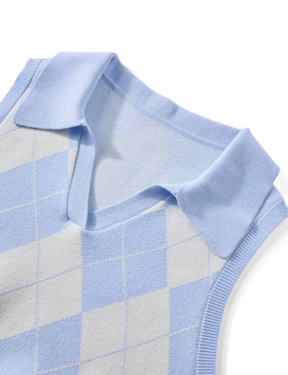 Sky Blue and White Argyle Knit Crop Top