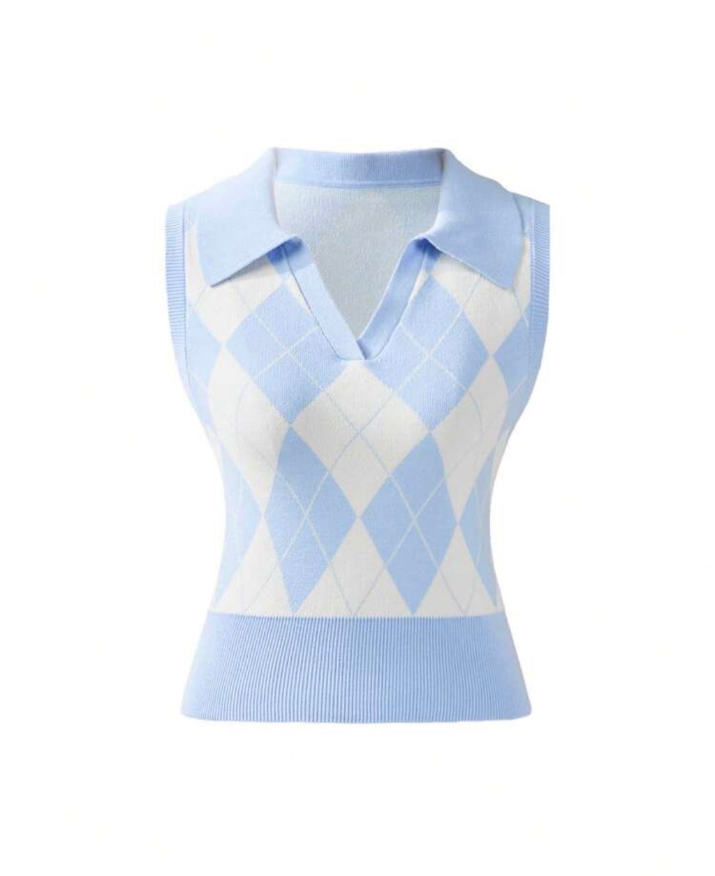 Sky Blue and White Argyle Knit Crop Top