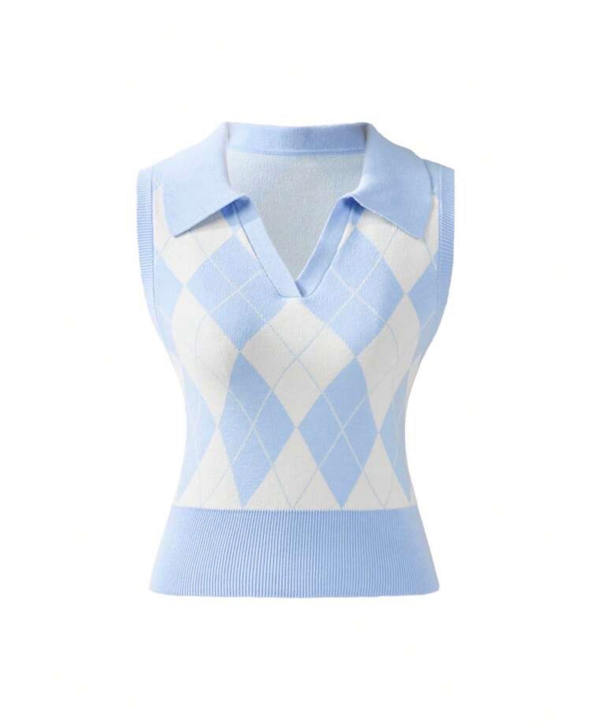 Sky Blue and White Argyle Knit Crop Top