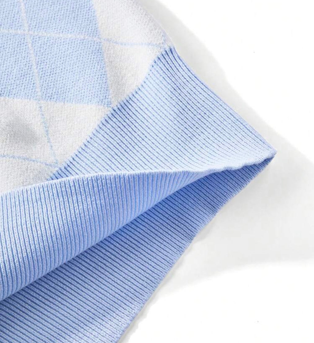 Sky Blue and White Argyle Knit Crop Top