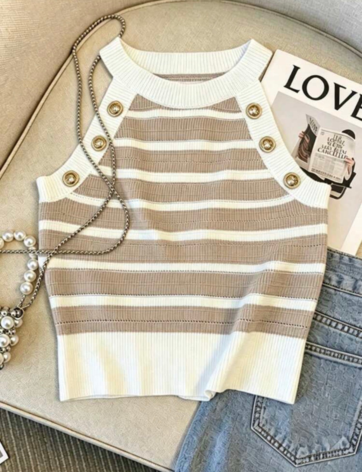 Gorgeous Khaki and White Stripe High Neck Sleeveless Halter