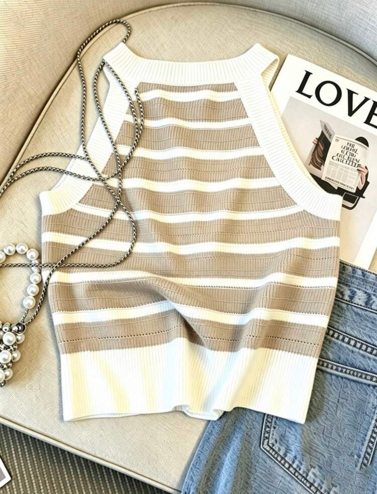 Gorgeous Khaki and White Stripe High Neck Sleeveless Halter