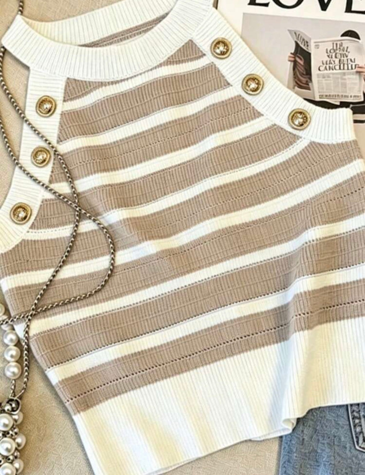 Gorgeous Khaki and White Stripe High Neck Sleeveless Halter